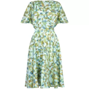 1950s Silk Pale Green Abstract Novelty Patterned Dress