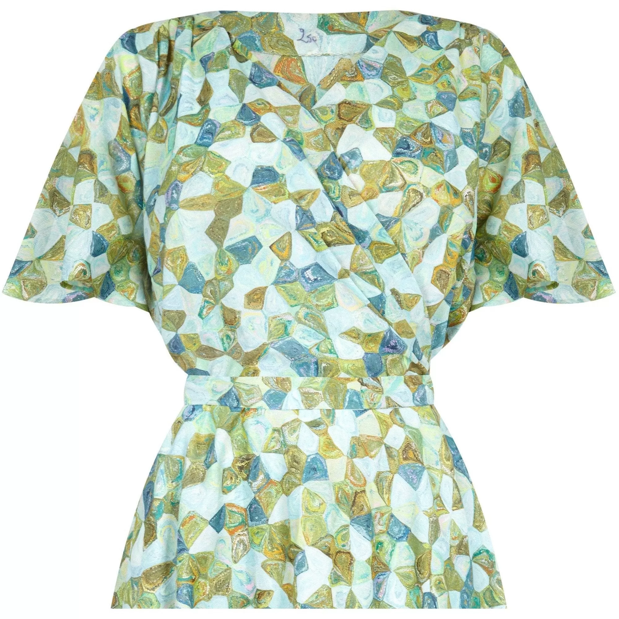 1950s Silk Pale Green Abstract Novelty Patterned Dress