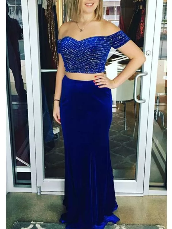 2 Pieces Royal Blue Beaded Velvet Prom Dresses