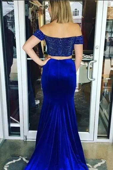 2 Pieces Royal Blue Beaded Velvet Prom Dresses