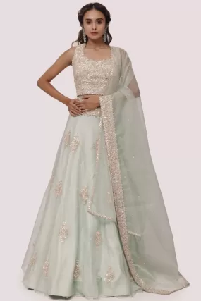 30Z327-RO Sea Green Embroidered Satin Lehenga with Organza Dupatta