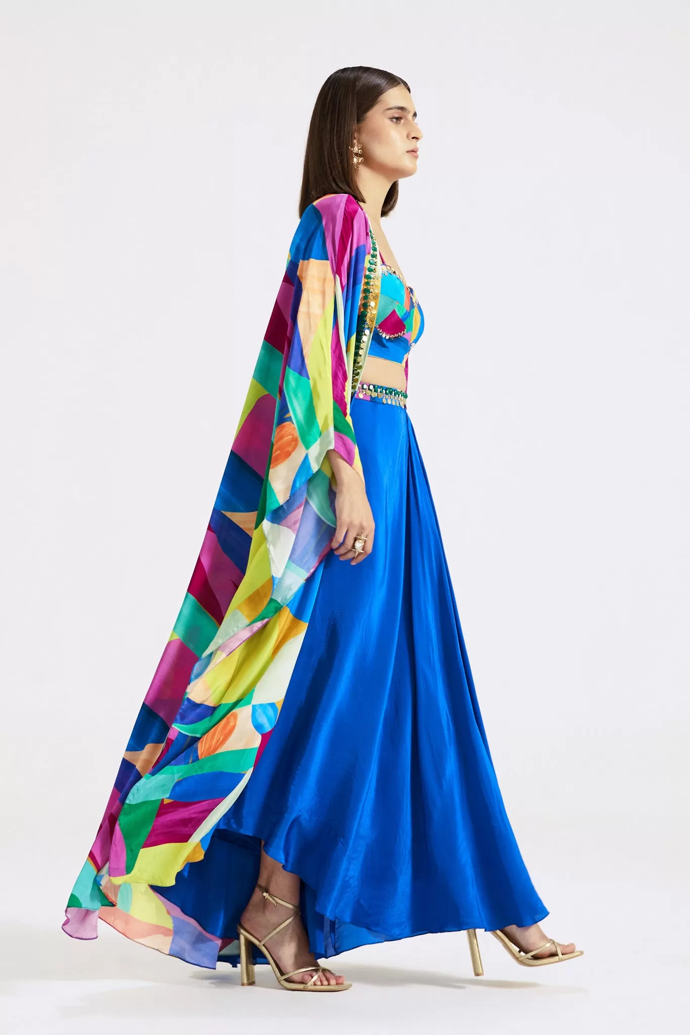 51Z025-RO Multicolor Crepe Skirt Set with Cape