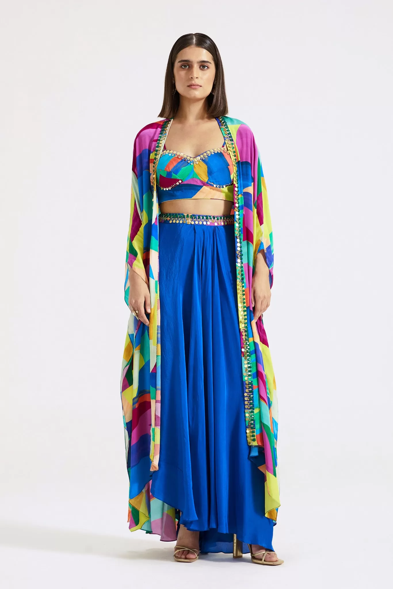 51Z025-RO Multicolor Crepe Skirt Set with Cape