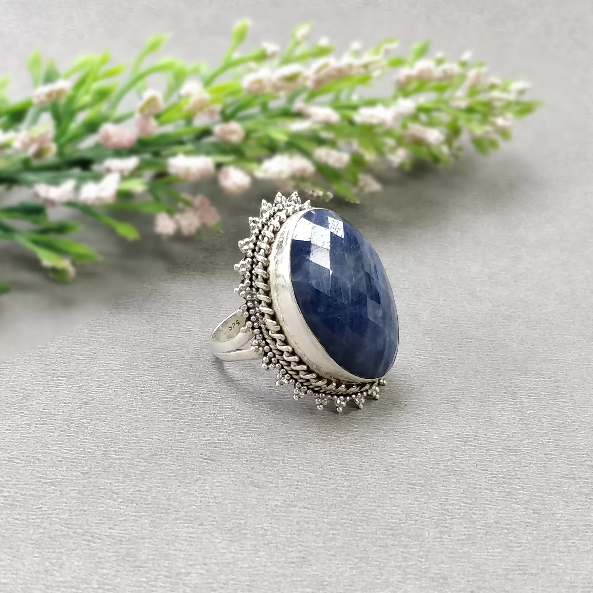 925 Sterling Silver RING : Natural Blue SAPPHIRE Gemstone Oval Shape Checker Cut Bezel Set Fine Statement Unisex Ring 9US