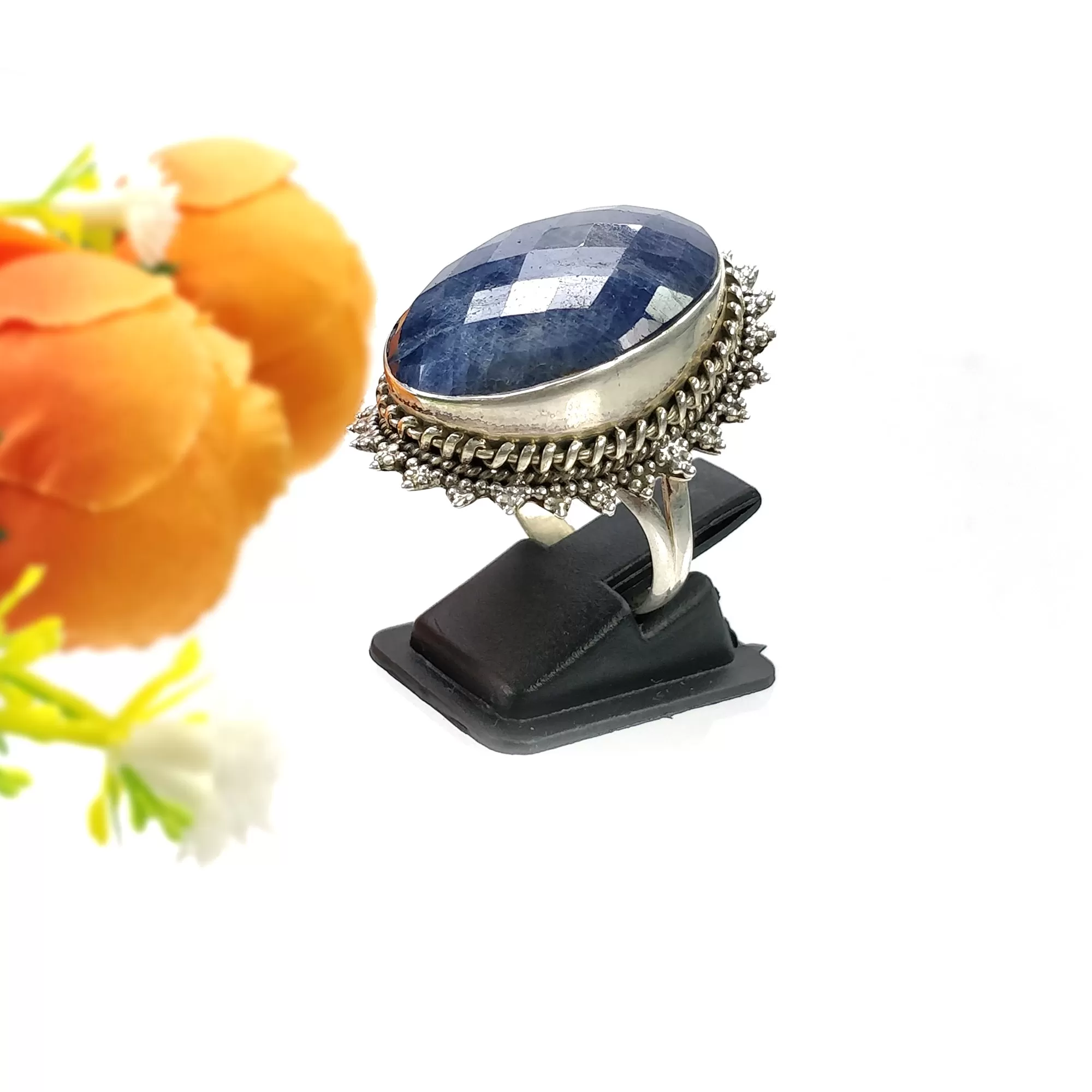 925 Sterling Silver RING : Natural Blue SAPPHIRE Gemstone Oval Shape Checker Cut Bezel Set Fine Statement Unisex Ring 9US