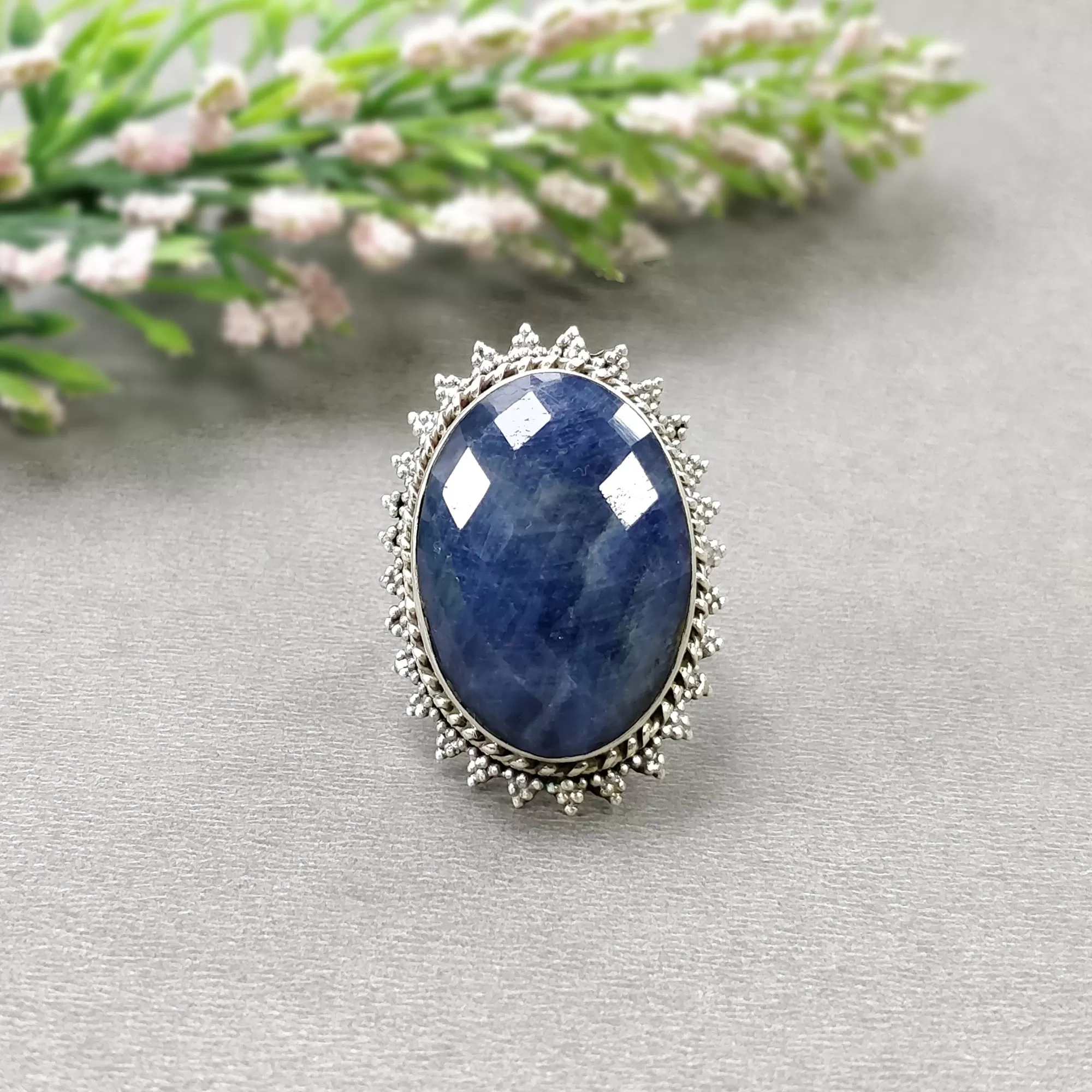 925 Sterling Silver RING : Natural Blue SAPPHIRE Gemstone Oval Shape Checker Cut Bezel Set Fine Statement Unisex Ring 9US