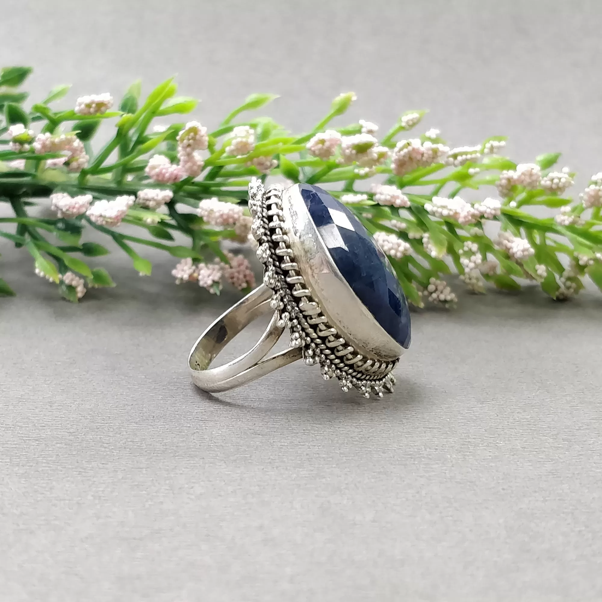 925 Sterling Silver RING : Natural Blue SAPPHIRE Gemstone Oval Shape Checker Cut Bezel Set Fine Statement Unisex Ring 9US