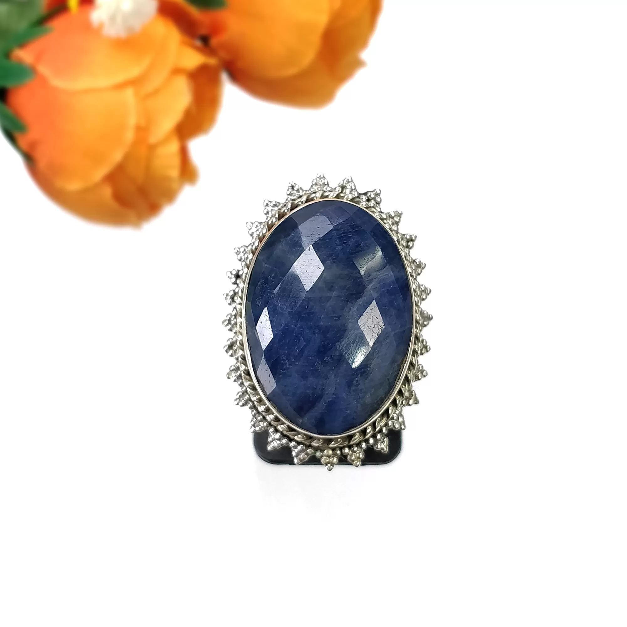 925 Sterling Silver RING : Natural Blue SAPPHIRE Gemstone Oval Shape Checker Cut Bezel Set Fine Statement Unisex Ring 9US