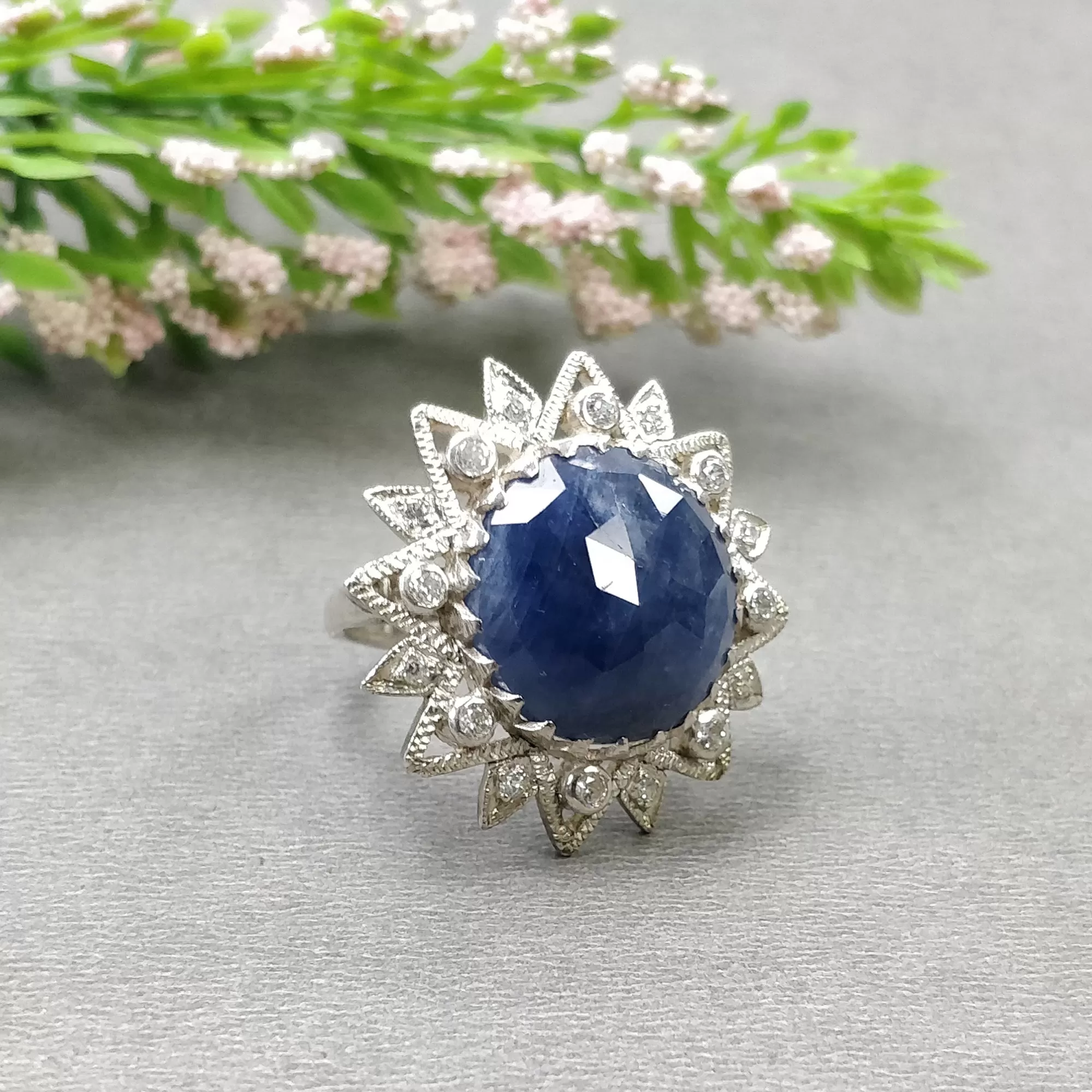 925 Sterling Silver RING : Natural Blue SAPPHIRE Gemstone With CZ Round Rose Cut Bezel Set Fine Statement Unisex Ring 6.25US