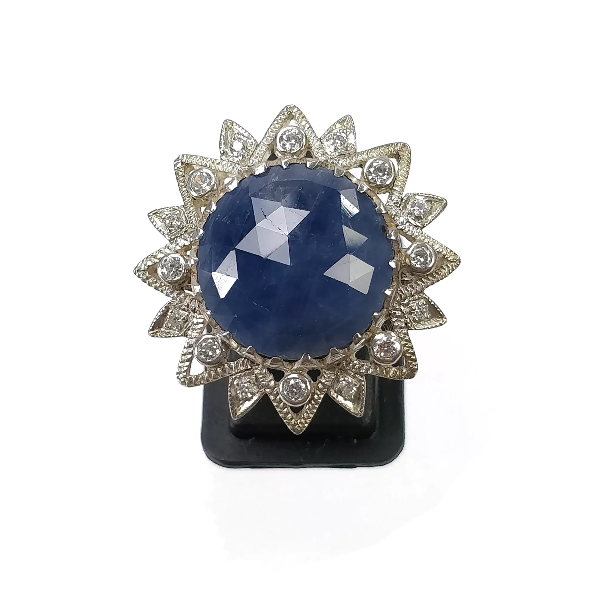 925 Sterling Silver RING : Natural Blue SAPPHIRE Gemstone With CZ Round Rose Cut Bezel Set Fine Statement Unisex Ring 6.25US