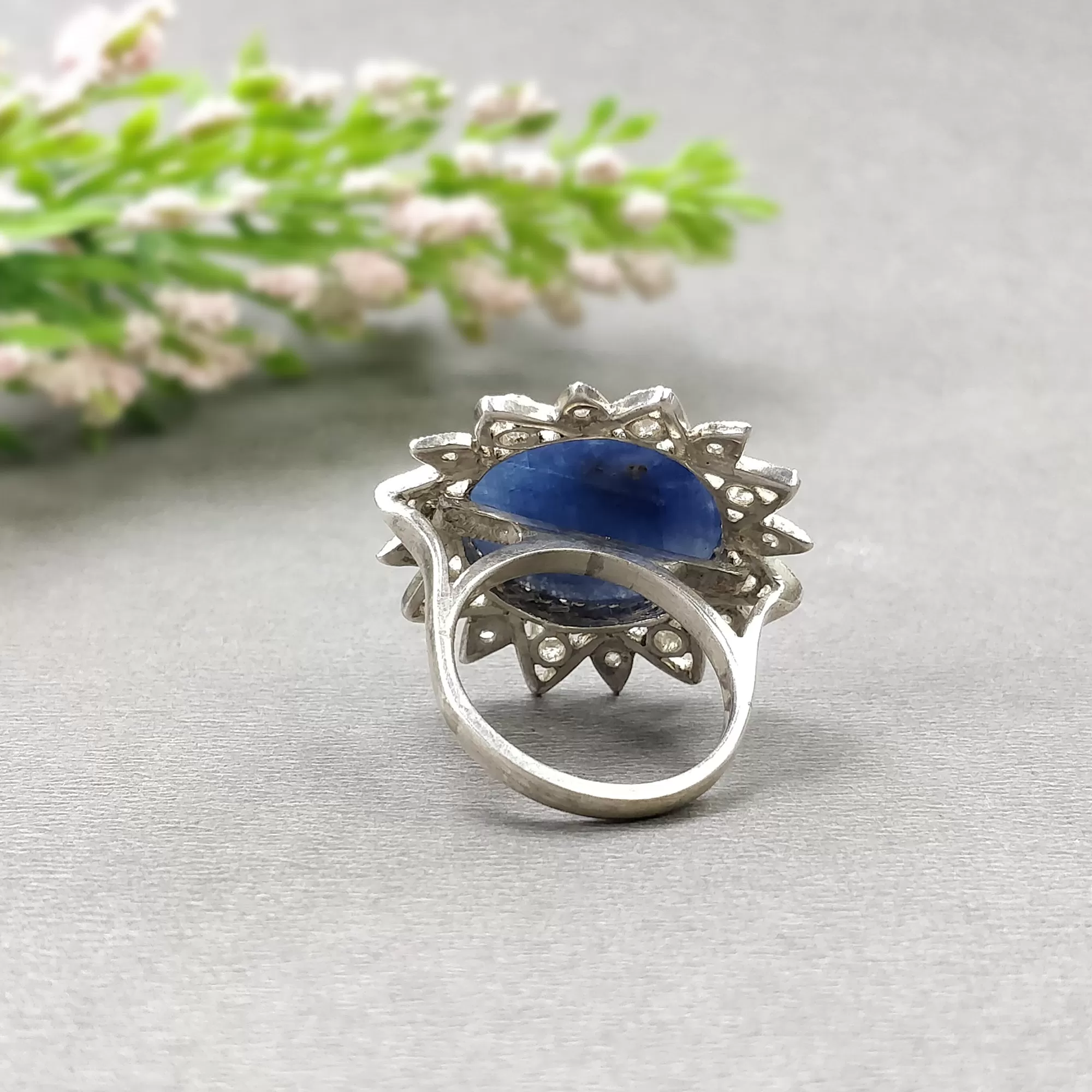 925 Sterling Silver RING : Natural Blue SAPPHIRE Gemstone With CZ Round Rose Cut Bezel Set Fine Statement Unisex Ring 6.25US