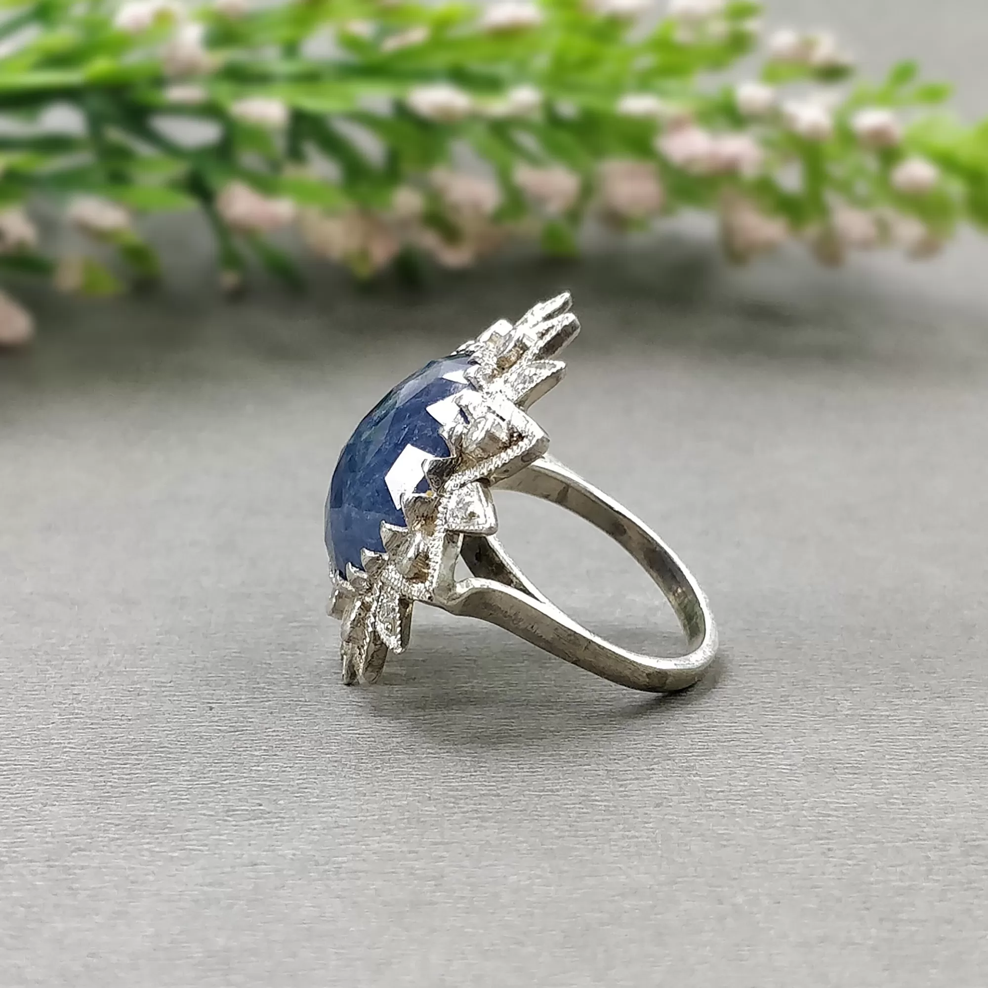 925 Sterling Silver RING : Natural Blue SAPPHIRE Gemstone With CZ Round Rose Cut Bezel Set Fine Statement Unisex Ring 6.25US