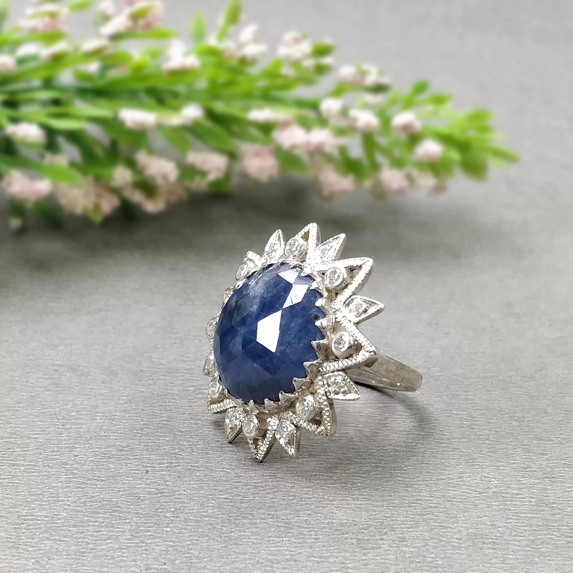 925 Sterling Silver RING : Natural Blue SAPPHIRE Gemstone With CZ Round Rose Cut Bezel Set Fine Statement Unisex Ring 6.25US