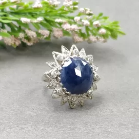 925 Sterling Silver RING : Natural Blue SAPPHIRE Gemstone With CZ Round Rose Cut Bezel Set Fine Statement Unisex Ring 6.25US