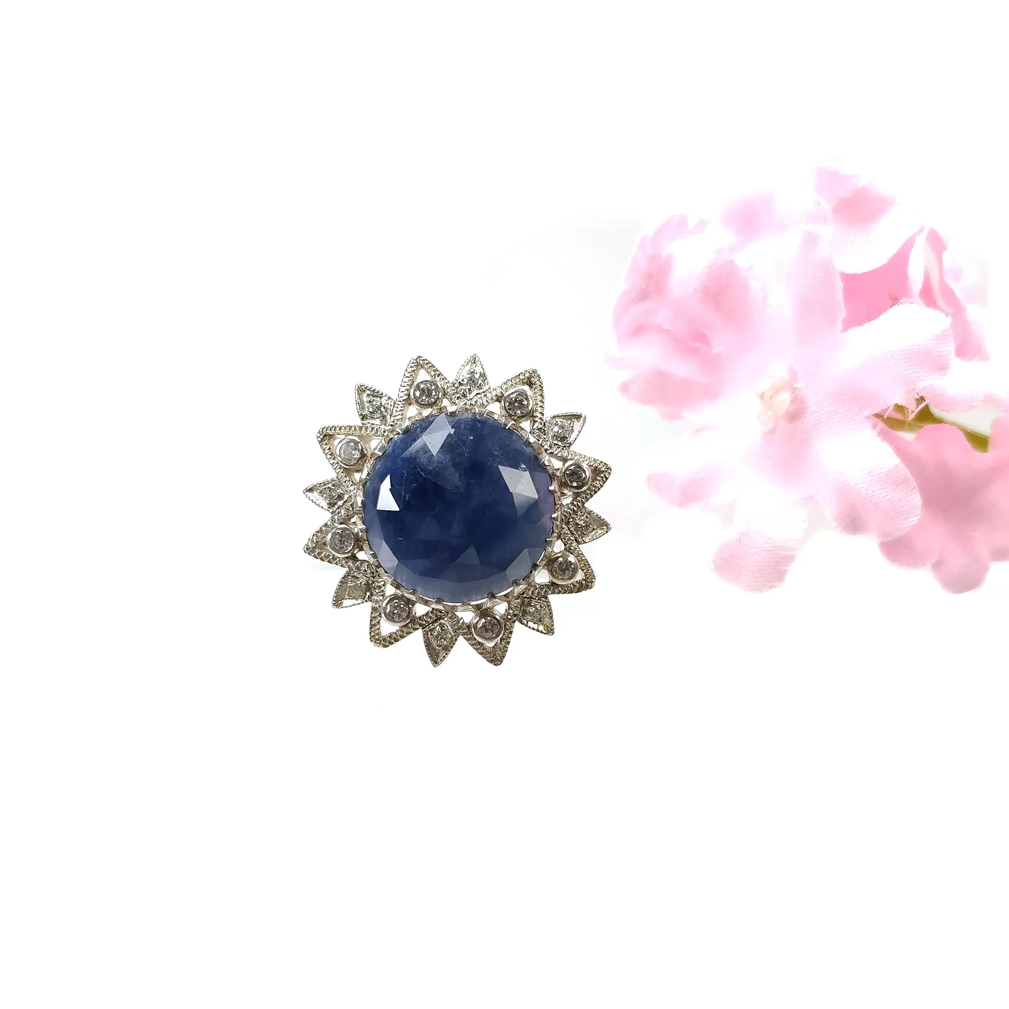 925 Sterling Silver RING : Natural Blue SAPPHIRE Gemstone With CZ Round Rose Cut Bezel Set Fine Statement Unisex Ring 6.25US