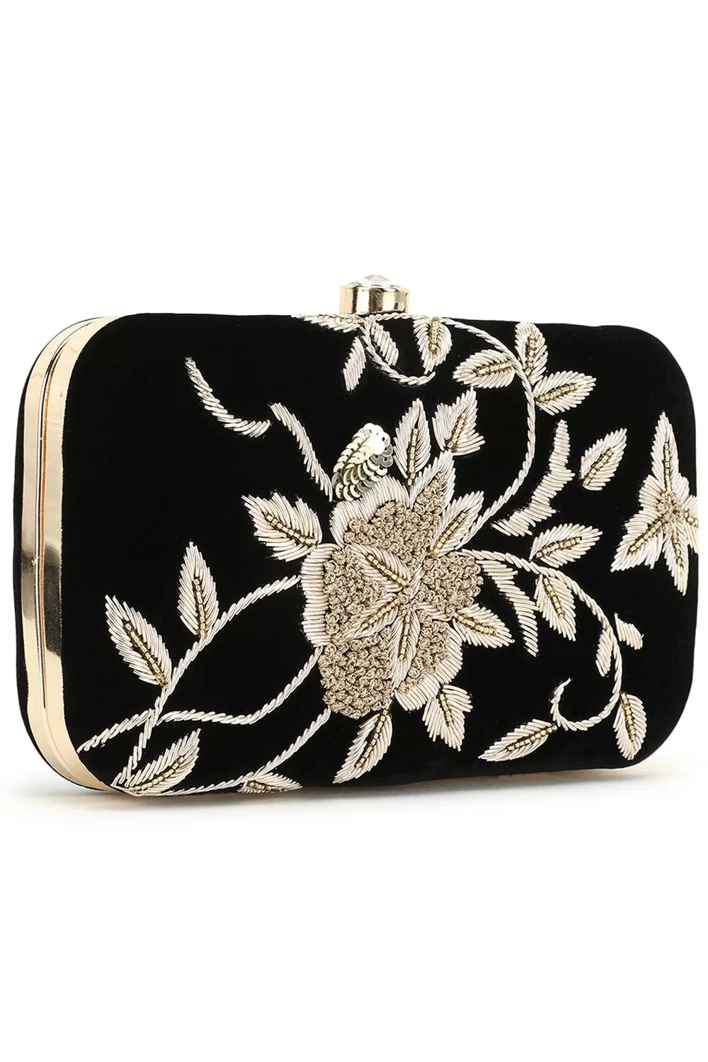 Adorn Black & Gold Floral Embellished Velvet Clutch