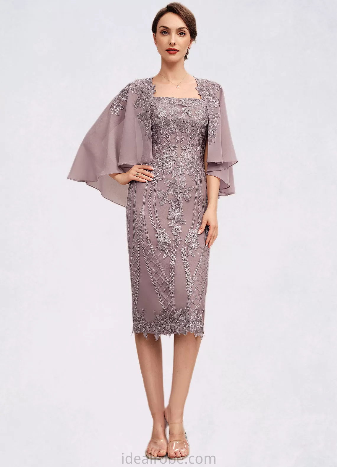 Amina Sheath/Column Square Neckline Knee-Length Chiffon Lace Mother of the Bride Dress With Sequins STK126P0014653