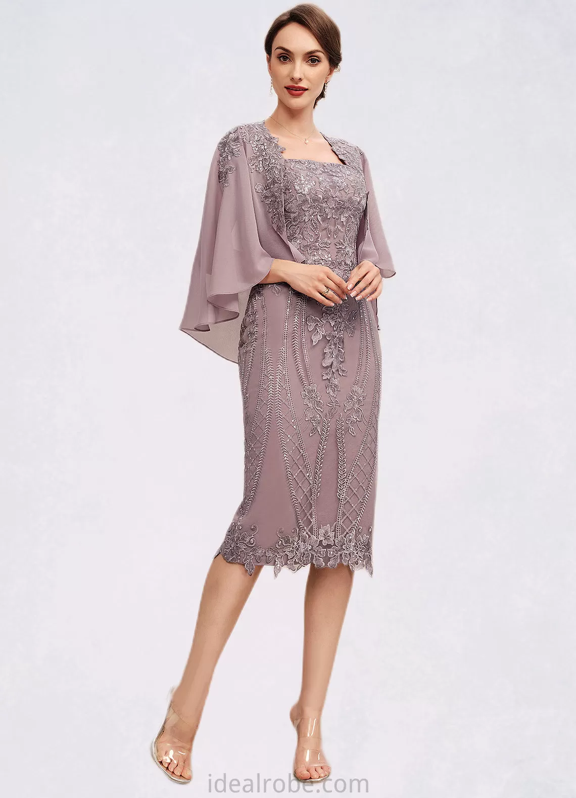 Amina Sheath/Column Square Neckline Knee-Length Chiffon Lace Mother of the Bride Dress With Sequins STK126P0014653