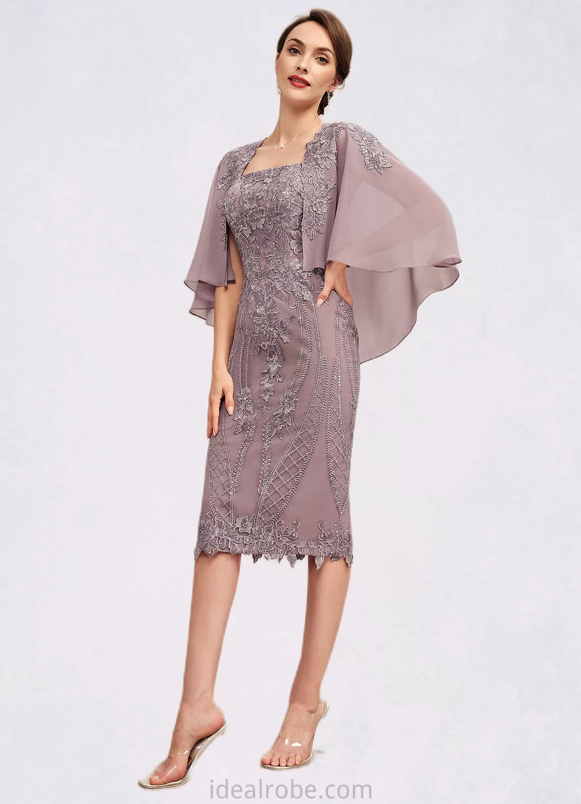 Amina Sheath/Column Square Neckline Knee-Length Chiffon Lace Mother of the Bride Dress With Sequins STK126P0014653