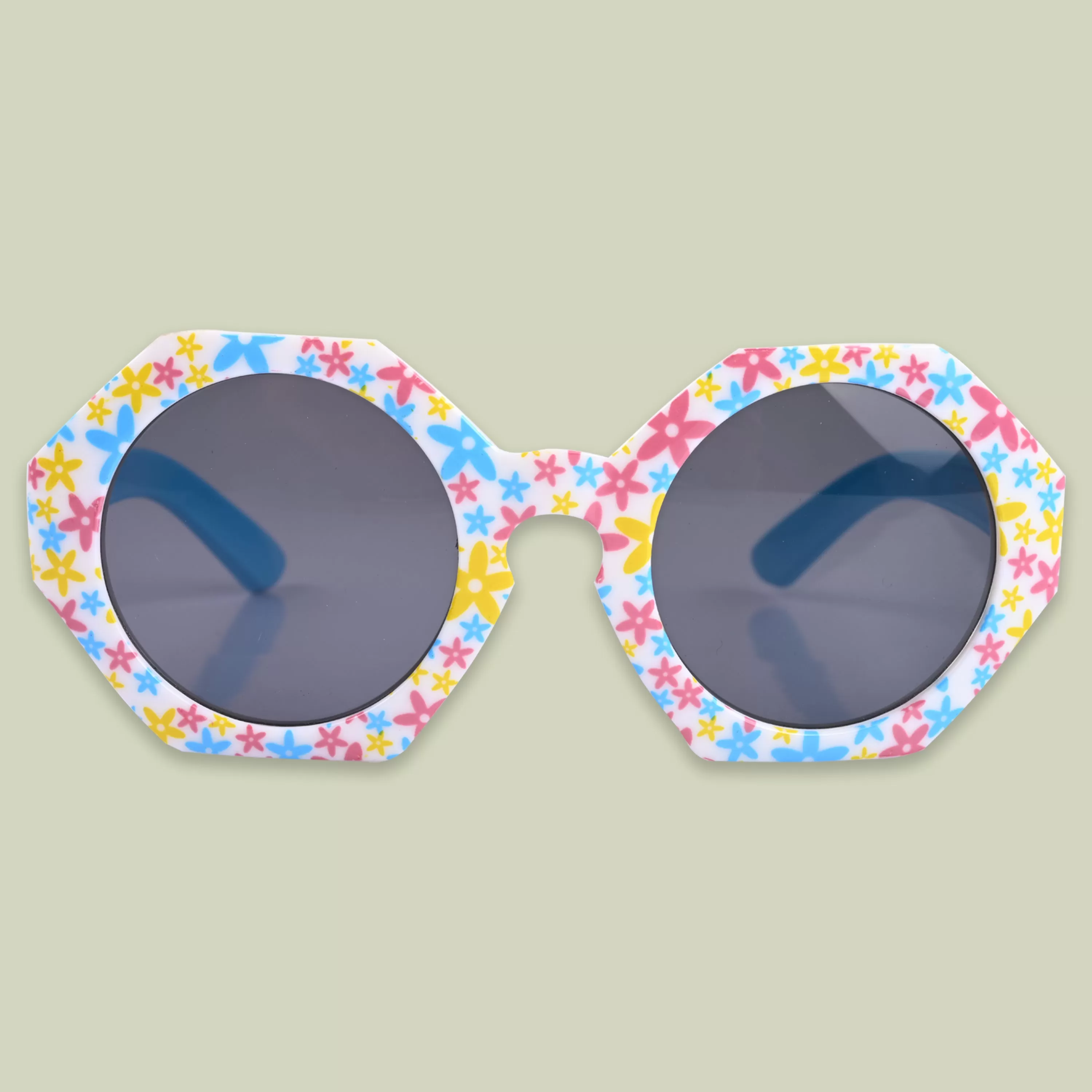 Baby Girls Round Frame Flower Printed Sunglass (Blue)