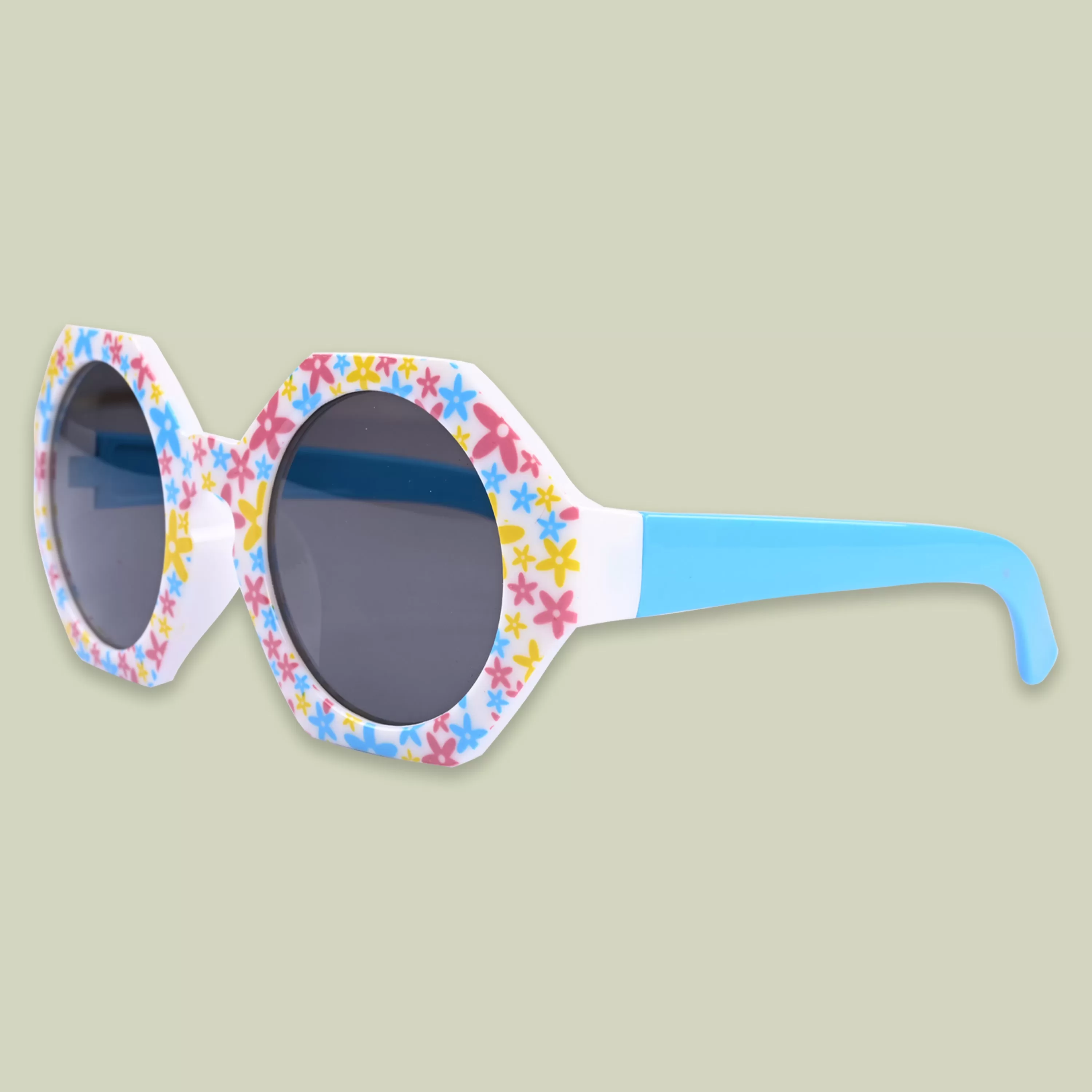 Baby Girls Round Frame Flower Printed Sunglass (Blue)