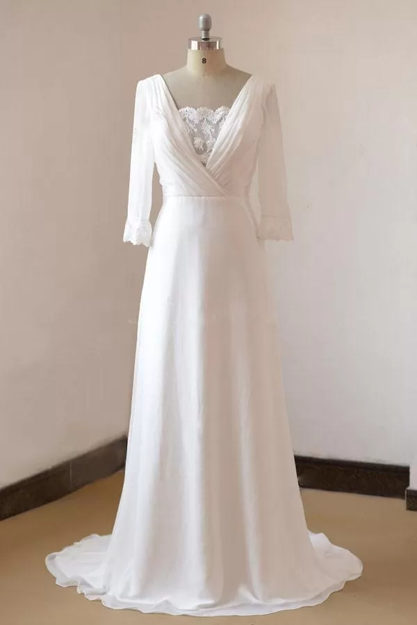 Beach Long A-line Chiffon Backless Wedding Dress with Sleeves