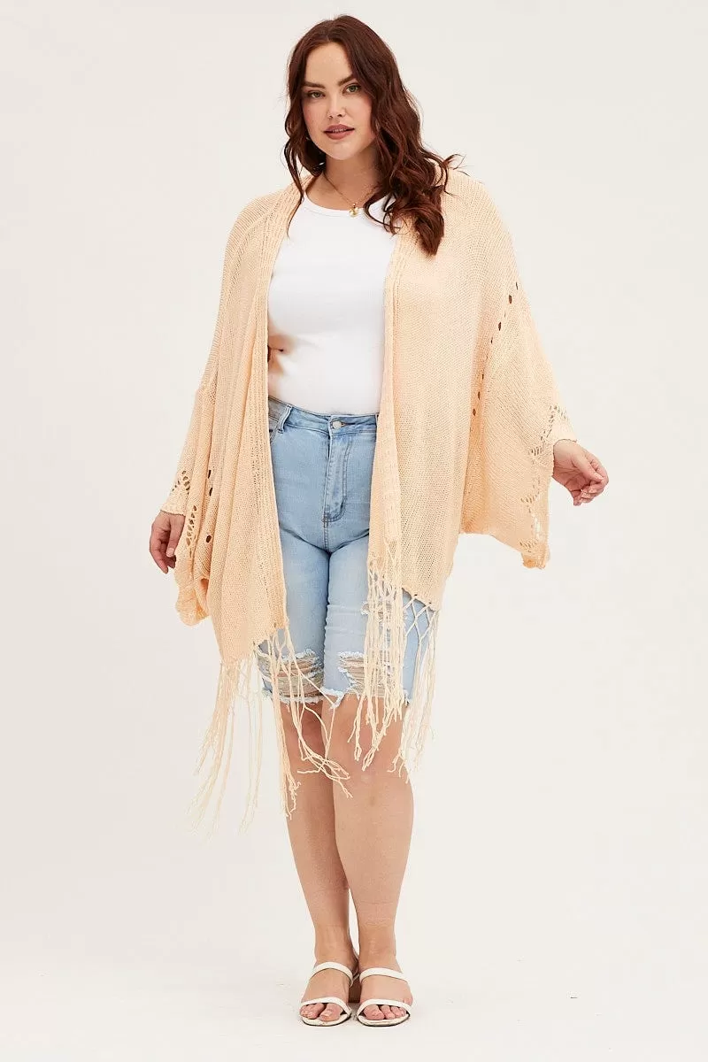 Beige Longline Cardigan Batwing Sleeve Crochet