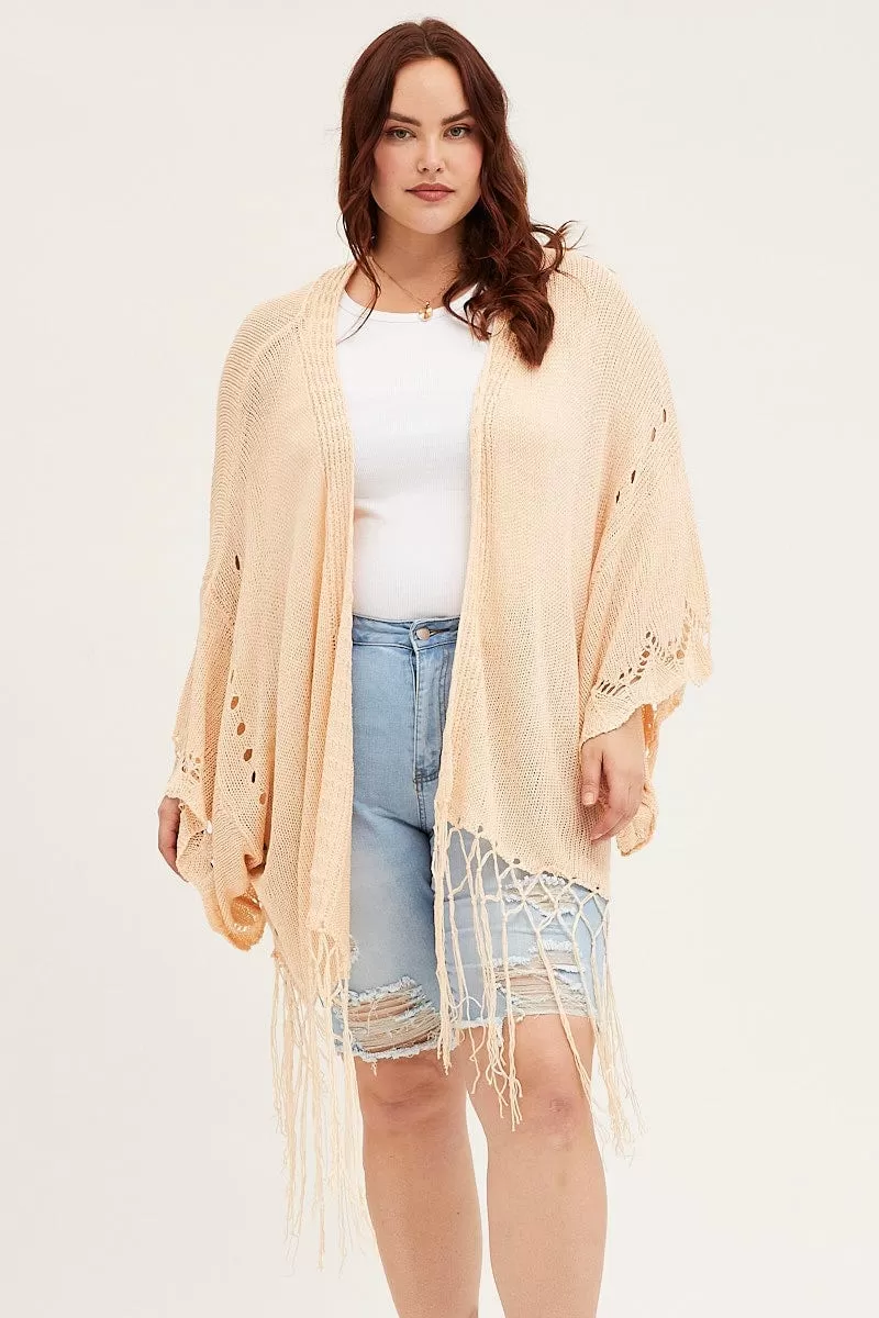 Beige Longline Cardigan Batwing Sleeve Crochet