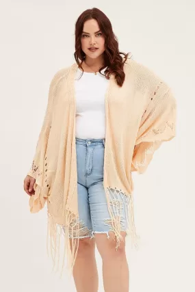 Beige Longline Cardigan Batwing Sleeve Crochet