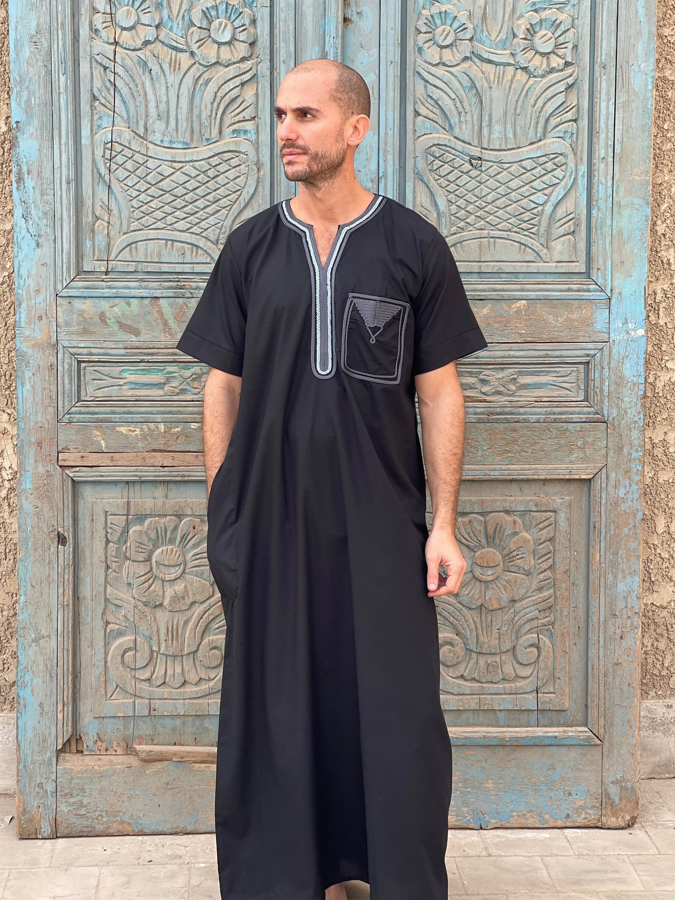 Black embroidered cotton mens caftan, caftan, Cotton men caftan, caftans for men,  men clothing, gift for men, husband gift, gift for him