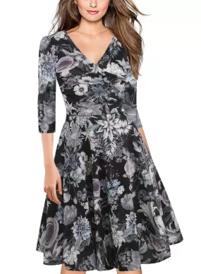 Black Floral Surplice A-Line Dress