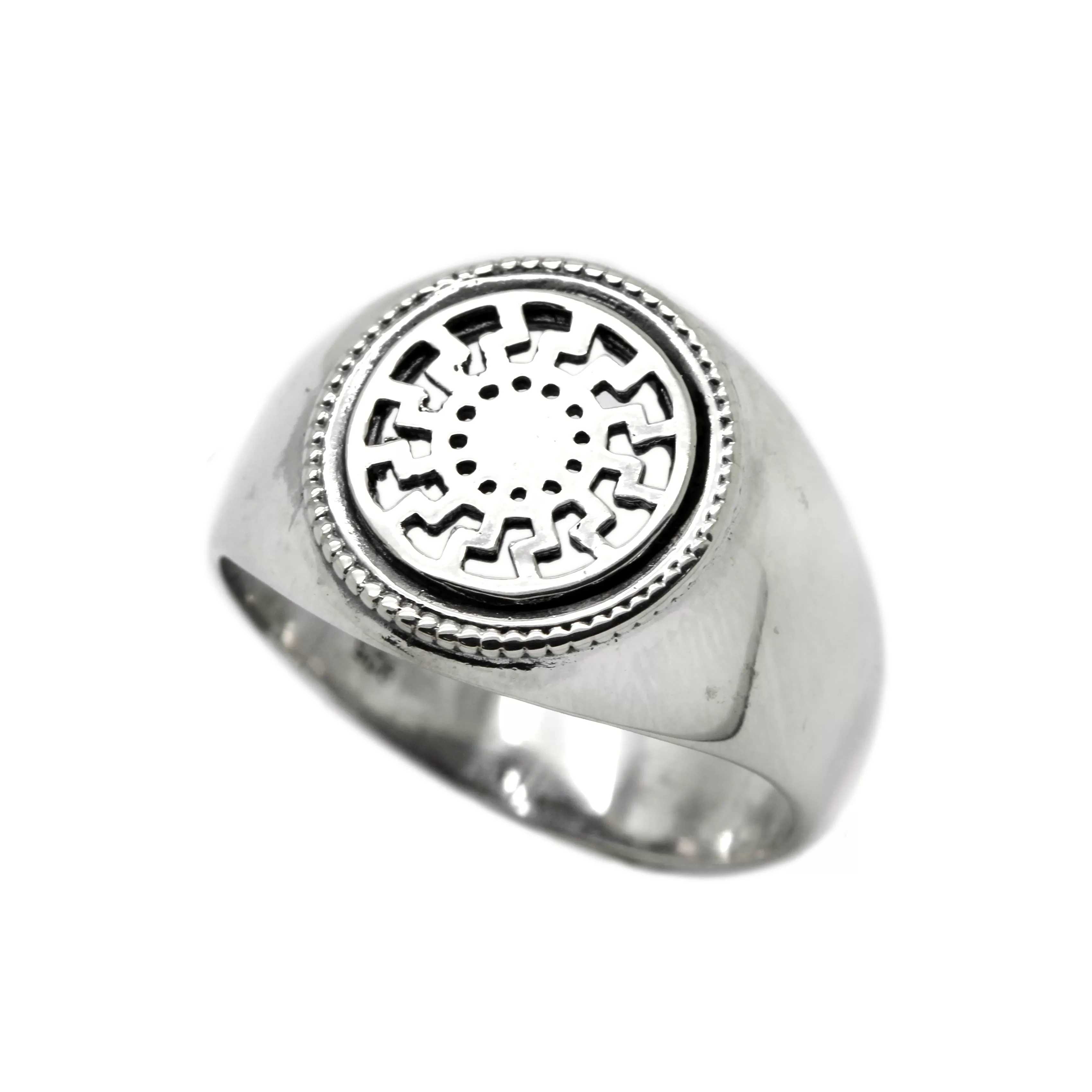 Black Sun Symbol, Round Top Signet Mens Ring, Sun Wheel Slavic Colovrat