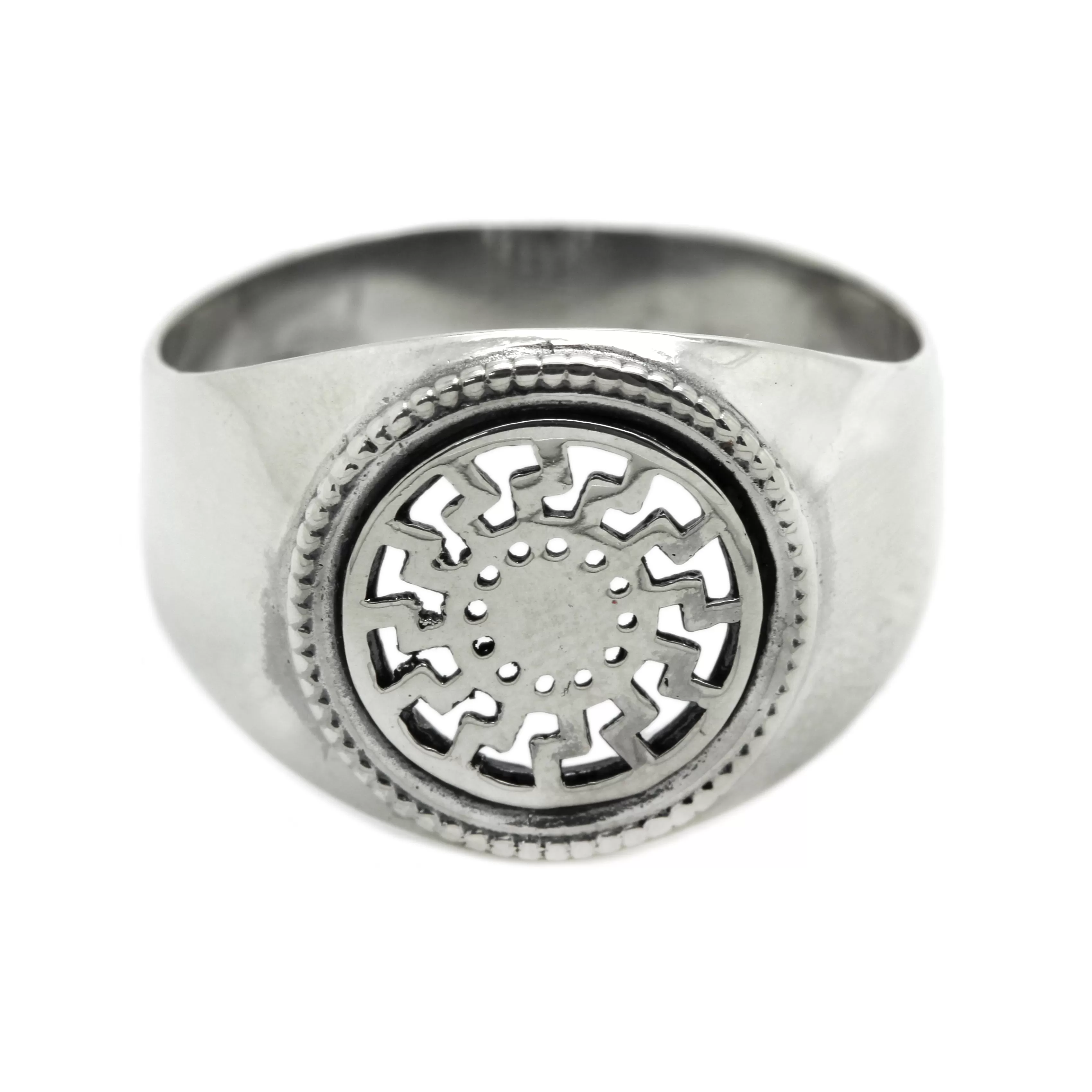 Black Sun Symbol, Round Top Signet Mens Ring, Sun Wheel Slavic Colovrat