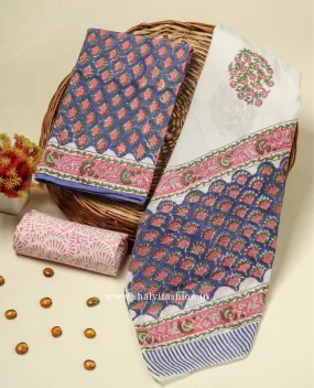 Blue Buti Print Cotton Suit Set with Mulmul Dupatta (COT79)