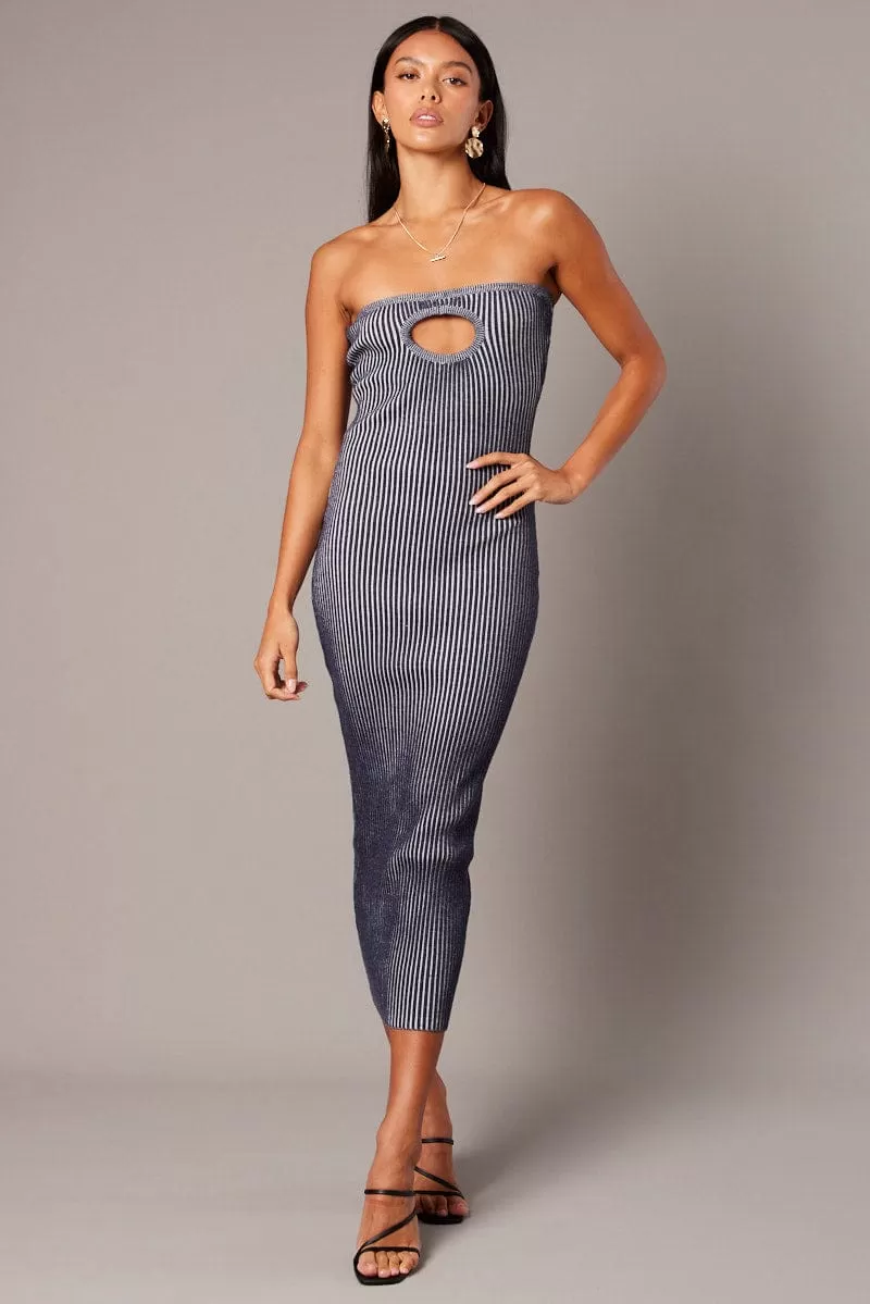 Blue Knit Dress Key Hole Front Bandeau Midi