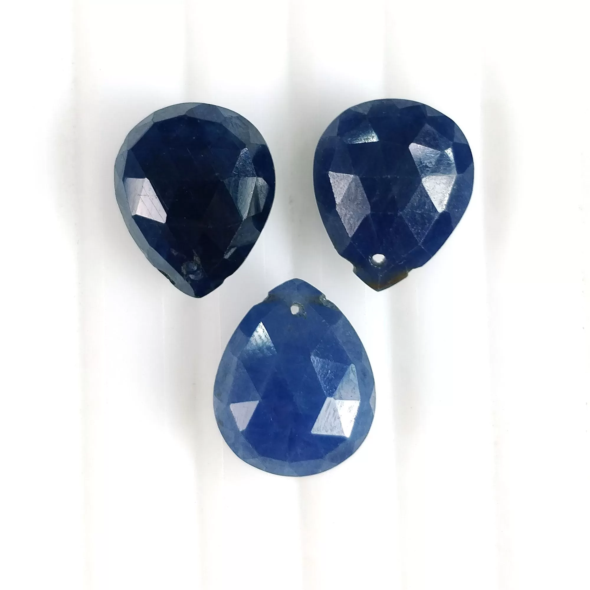 BLUE SAPPHIRE Gemstone Checker Cut : 18.40cts Natural Sapphire Side To Side & Front To Back Drilled Pear Shape 12*10mm 3pcs (With Video)