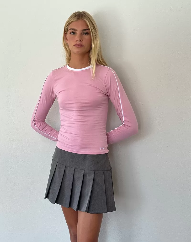 Bonija Long Sleeve Top in Flamingo Pink with White Piping and M Embroidery