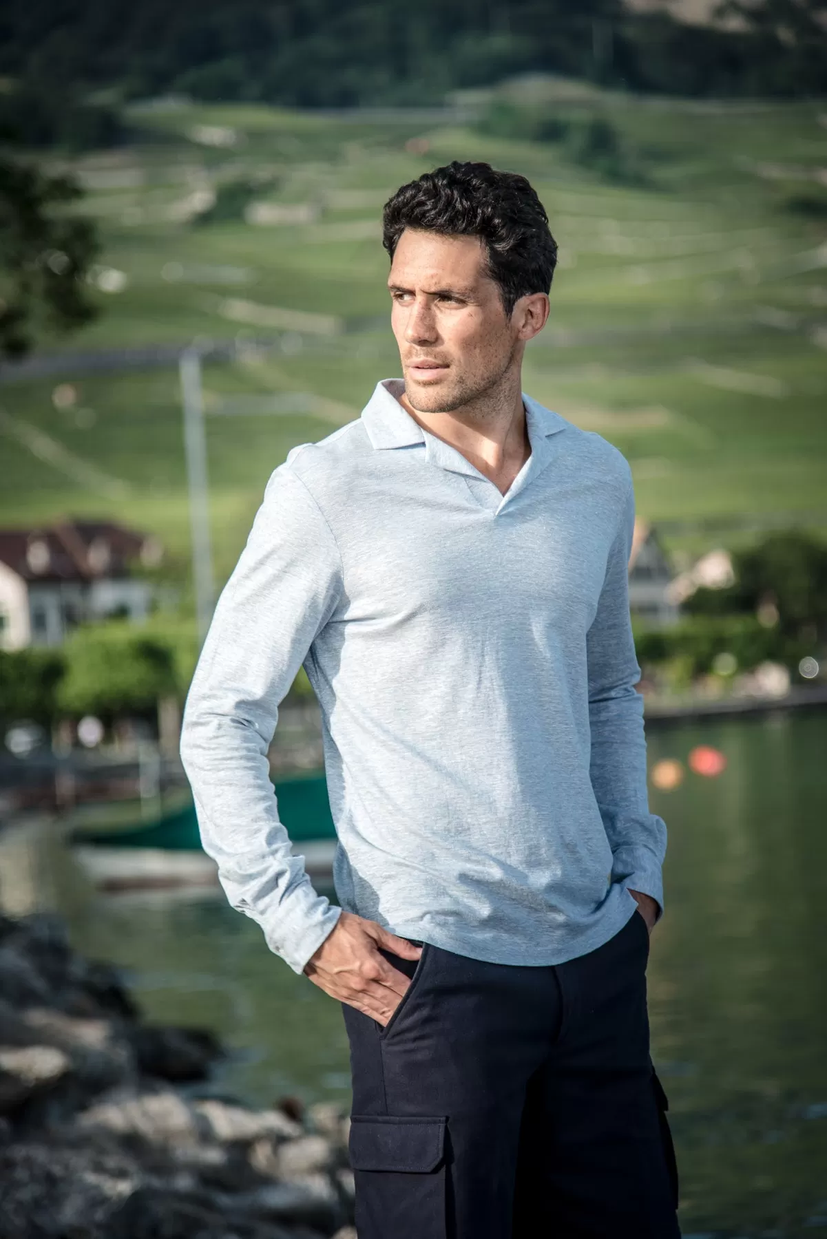 Calist long-sleeved polo in linen and cotton pique (sky blue)