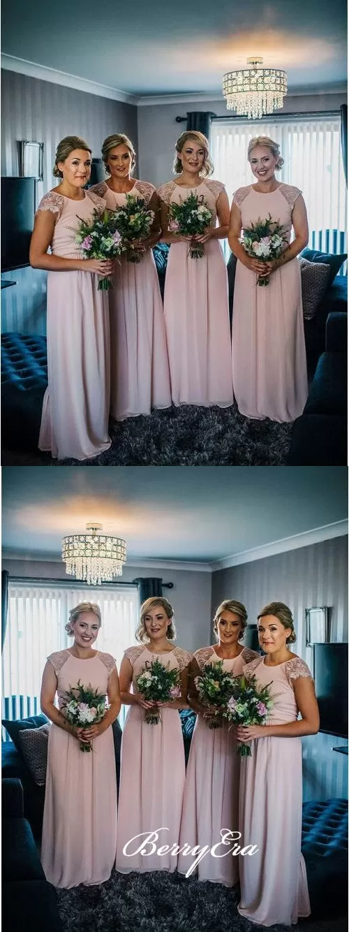 Cap Sleeves A-line Chiffon Blush Pink Long Bridesmaid Dresses