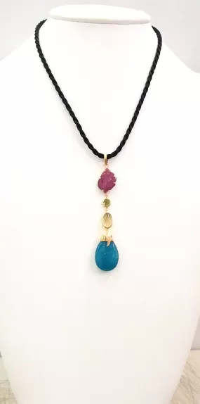 Carved Leaf Ruby, Peridot, Lemon Quartz & Blue Quartz Drop Terra Firma Pendant