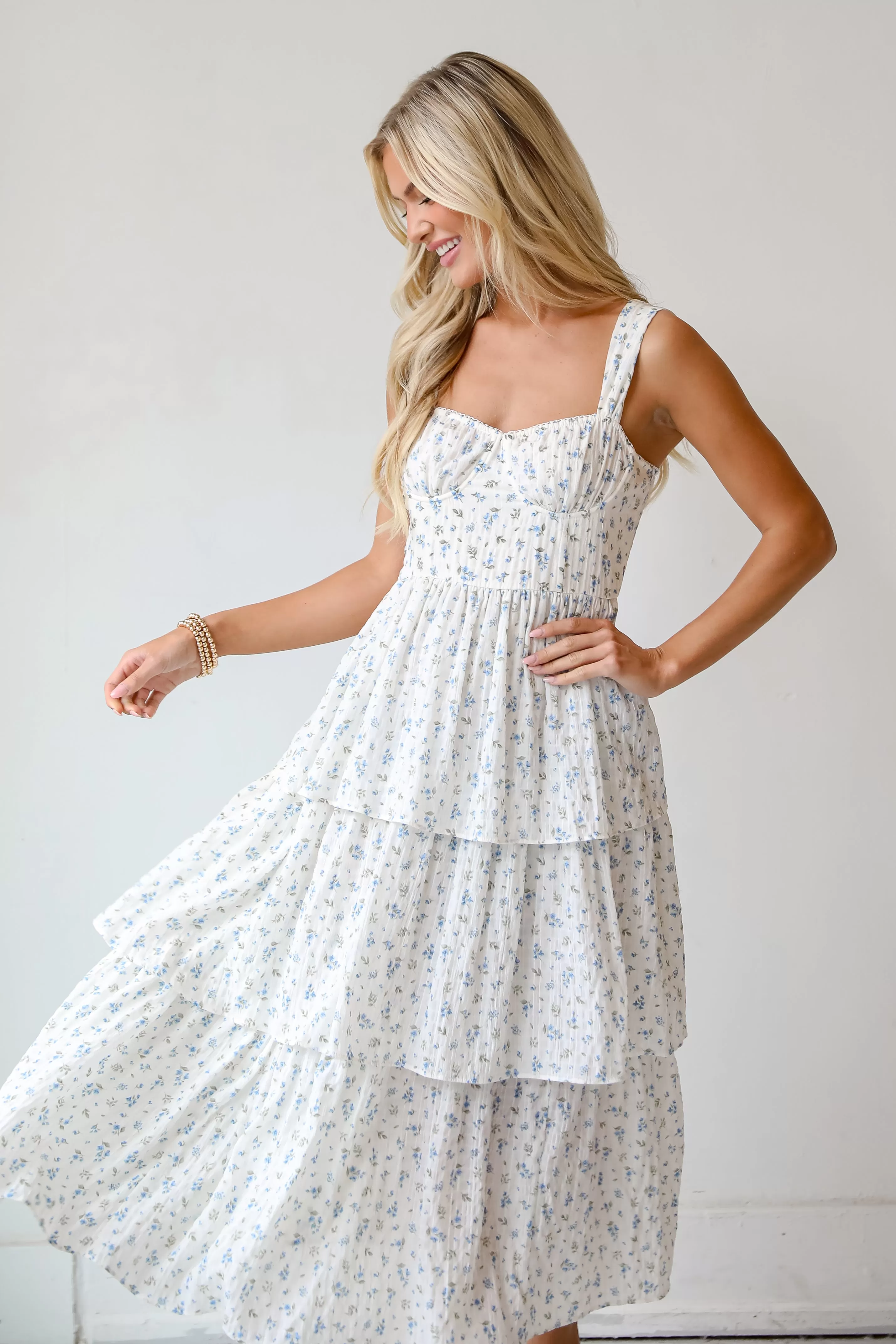 Caught Your Interest Ivory Floral Tiered Midi Dress