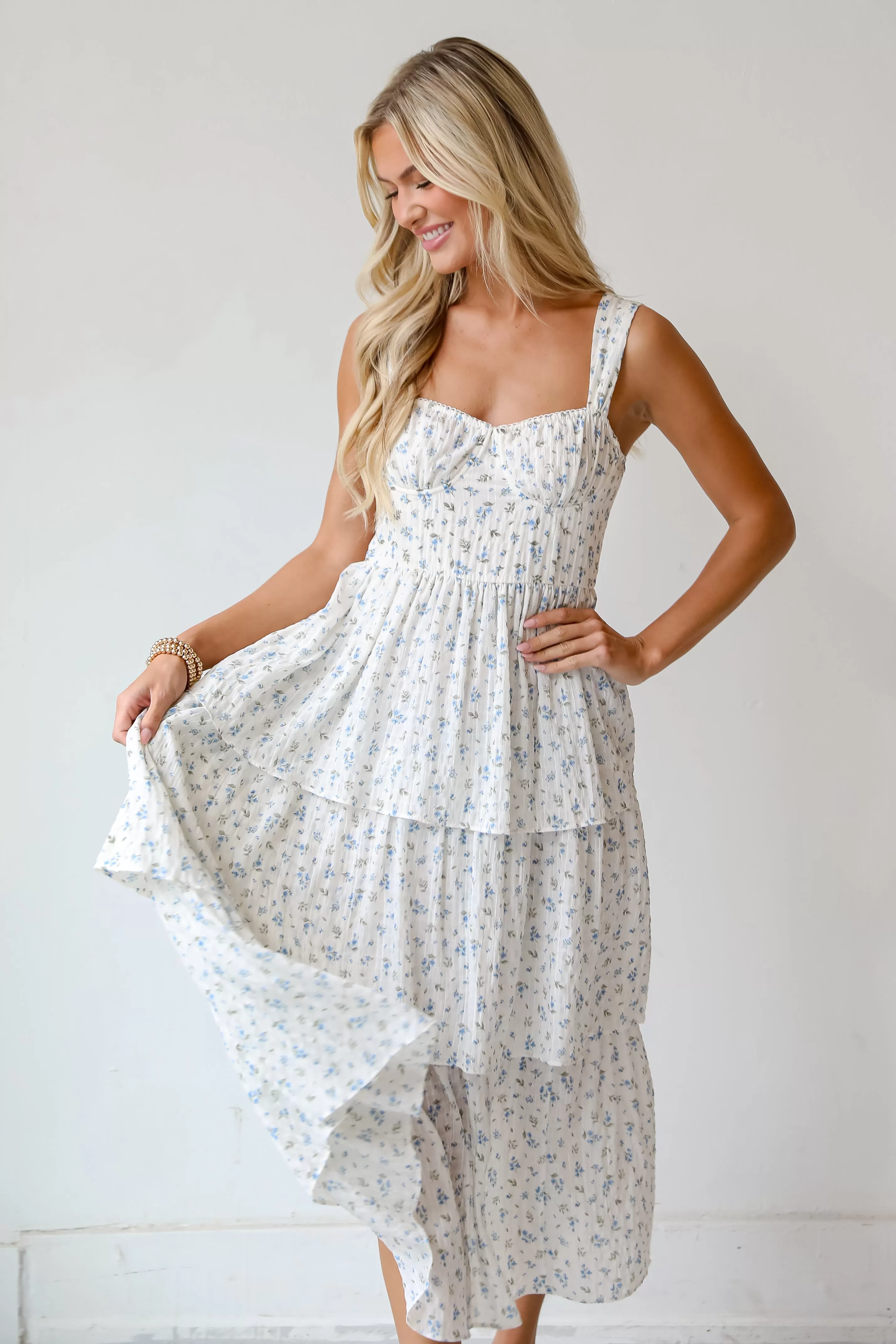 Caught Your Interest Ivory Floral Tiered Midi Dress