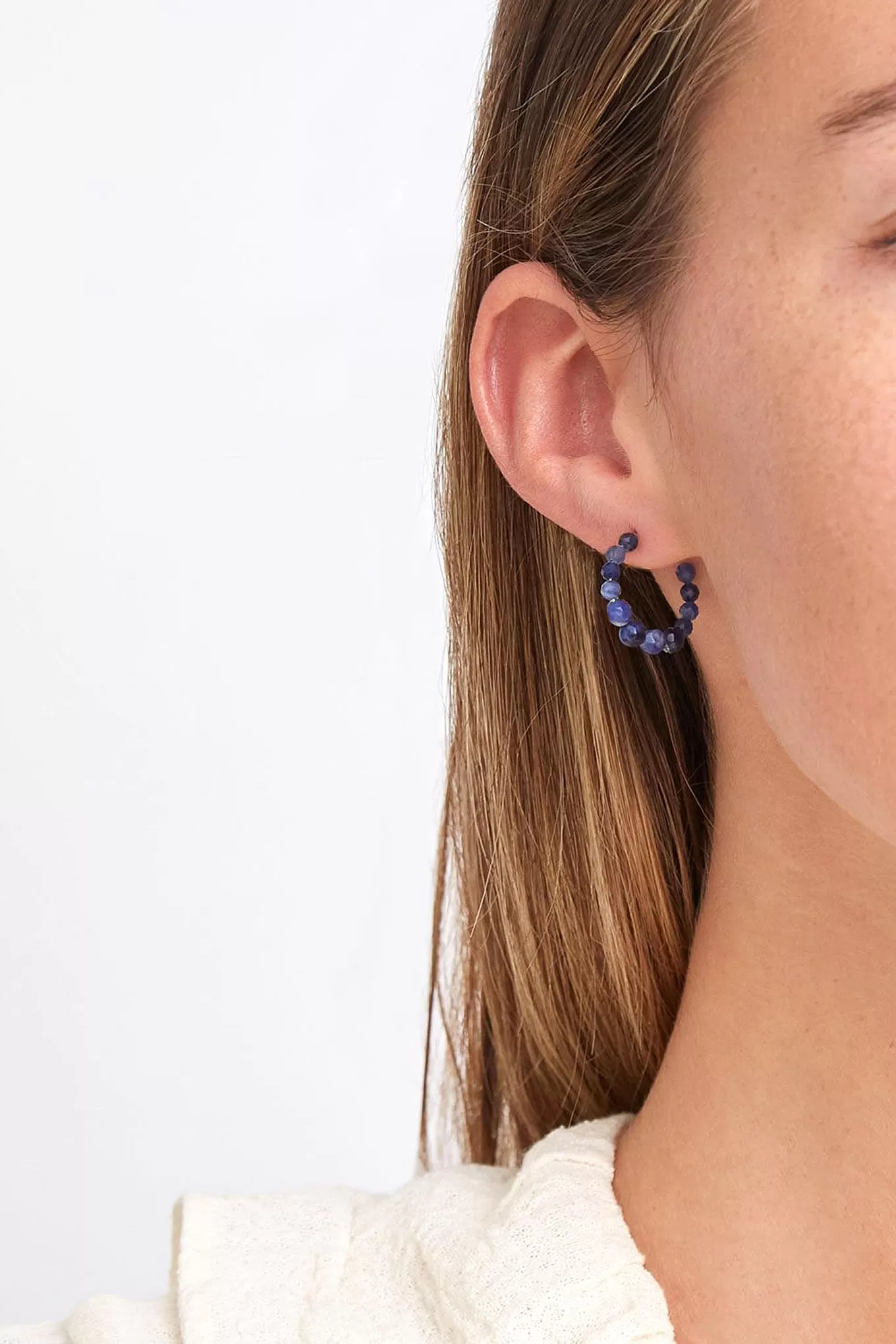 Chan Luu Graduated Stone Small Hoop Earrings in Sodalite and Silver