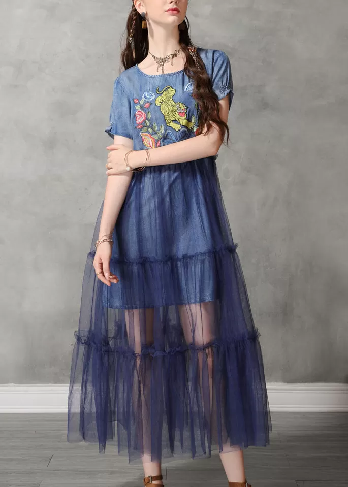 Classy Blue O-Neck Embroidered Tulle Patchwork Long Denim Dresses Short Sleeve NN020