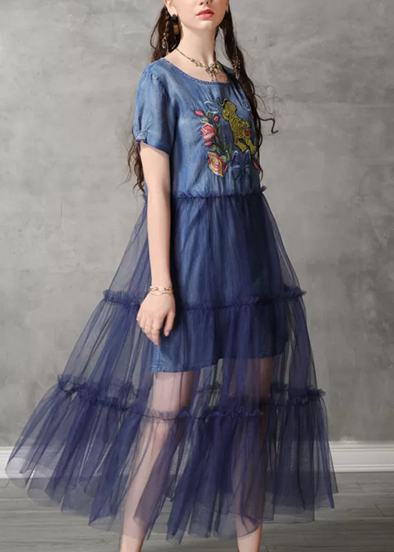 Classy Blue O-Neck Embroidered Tulle Patchwork Long Denim Dresses Short Sleeve NN020