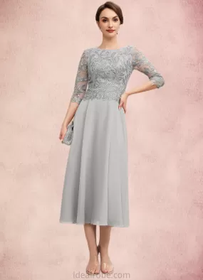 Cora A-Line Scoop Neck Tea-Length Chiffon Lace Mother of the Bride Dress With Sequins STK126P0014580