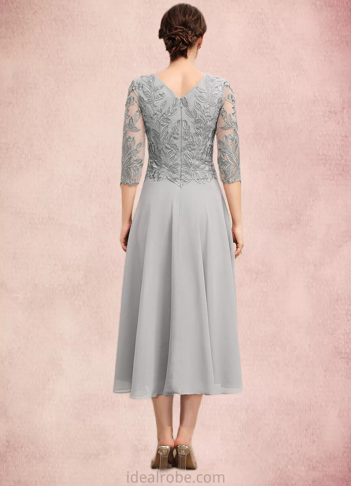 Cora A-Line Scoop Neck Tea-Length Chiffon Lace Mother of the Bride Dress With Sequins STK126P0014580