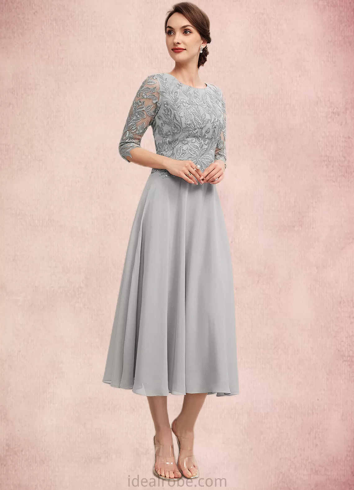 Cora A-Line Scoop Neck Tea-Length Chiffon Lace Mother of the Bride Dress With Sequins STK126P0014580