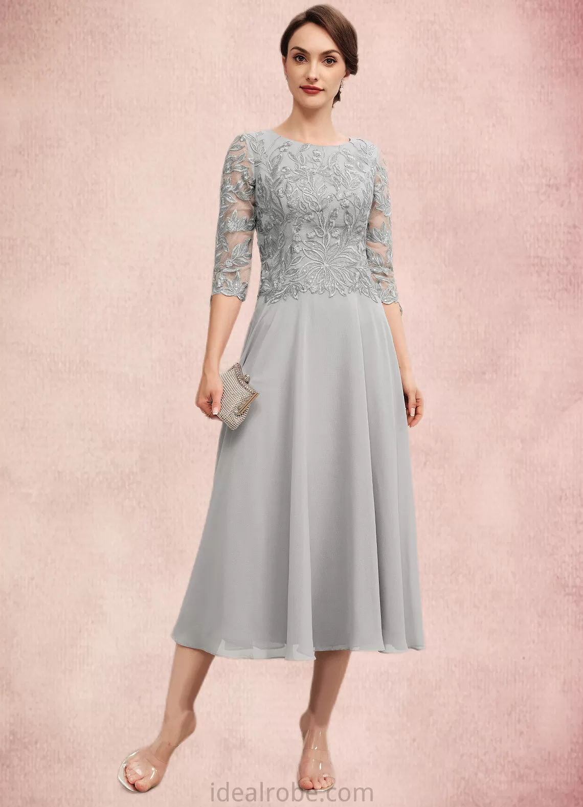 Cora A-Line Scoop Neck Tea-Length Chiffon Lace Mother of the Bride Dress With Sequins STK126P0014580