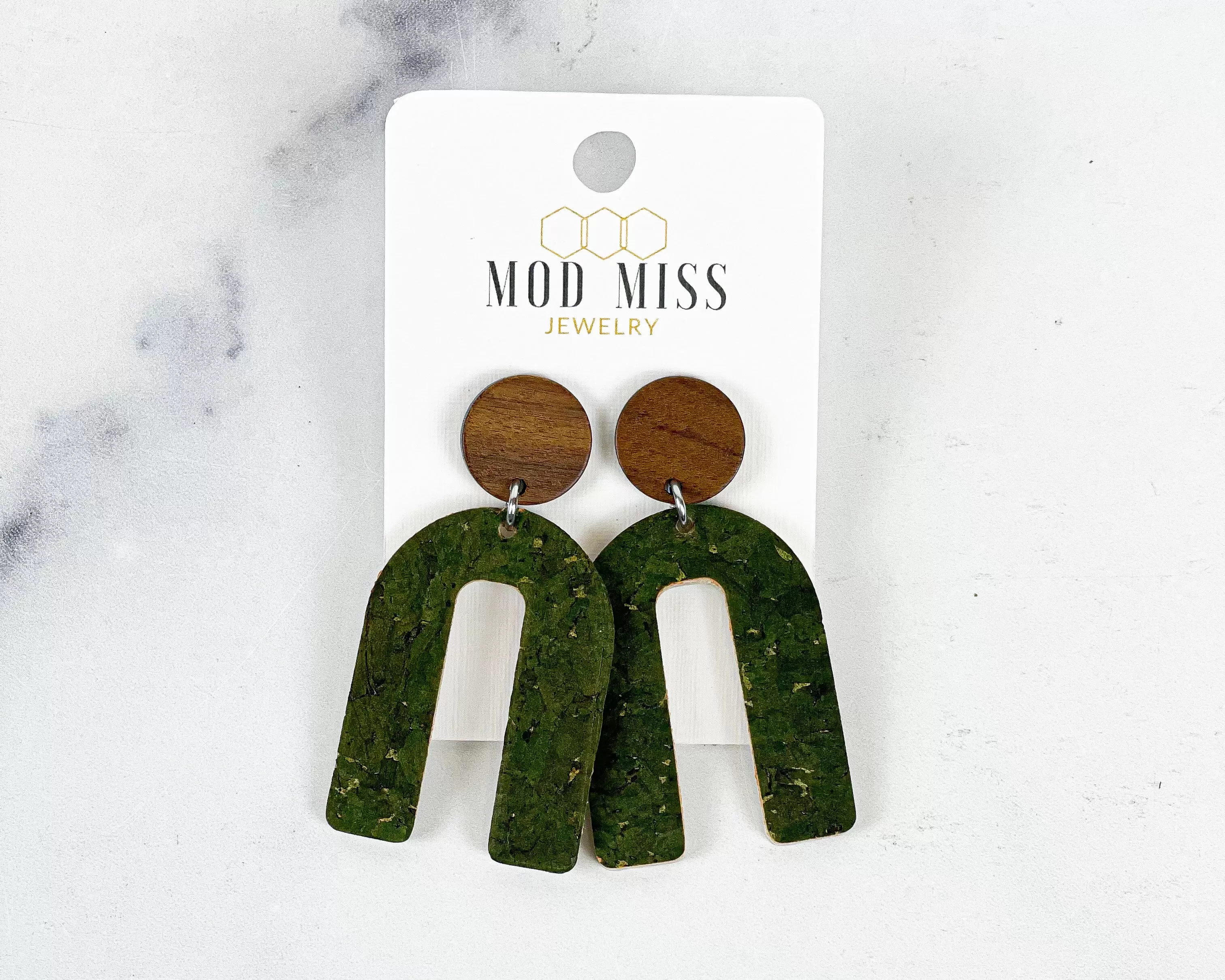 Cork Leather Arch Earring Olive Green with Gold Specks